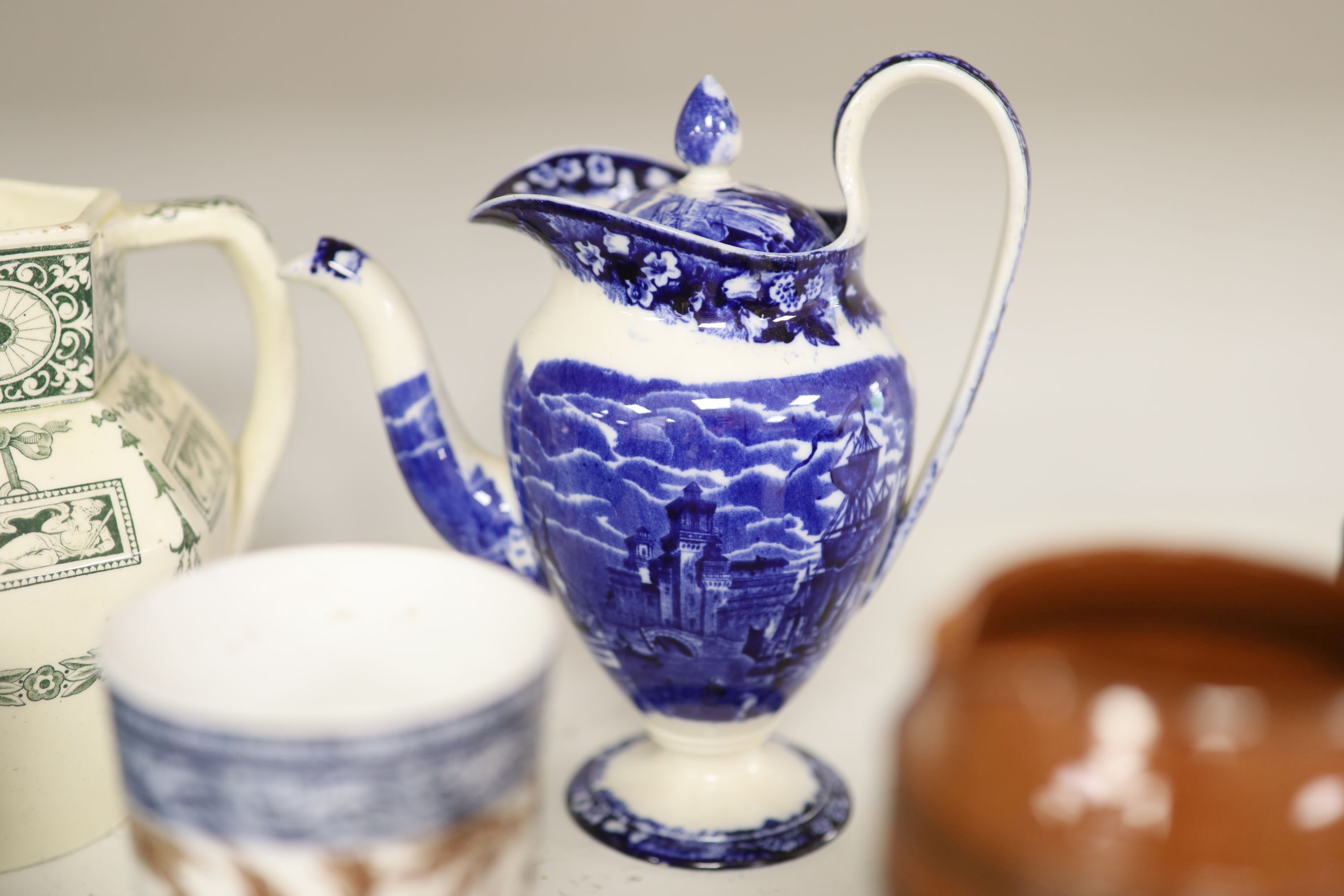 A group of 19th century Wedgwood transfer printed vessels and two Wedgwood greenware tealight holders